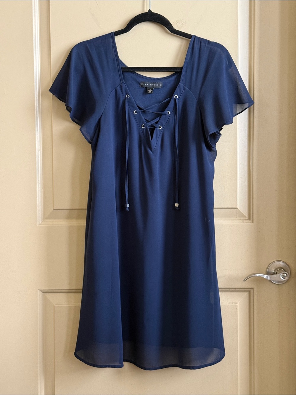 City Studio Navy Lace-Up Flutter Sleeve Mini Shift Dress